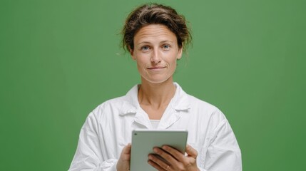 A confident female scientist wearing a lab coat, holding a tablet, standing against a green background. She represents innovation and research in the scientific field.