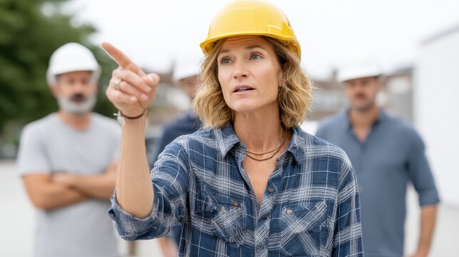 A confident female construction manager in a yellow hard hat points towards a construction site, directing her team with authority and clarity amidst male coworkers.