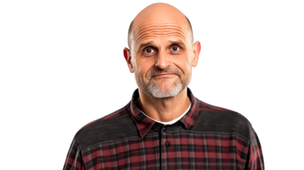 Bald man portrait with pensive facial expression, cut out transparent