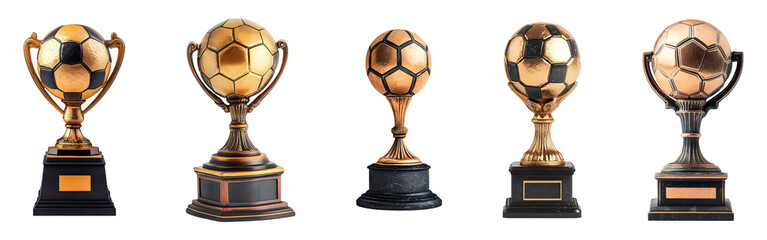 Golden and Silver Soccer Trophies PNG – Variety of Football Awards Isolated on Transparent Background for Sports Celebrations, Competitions, and Championship Designs