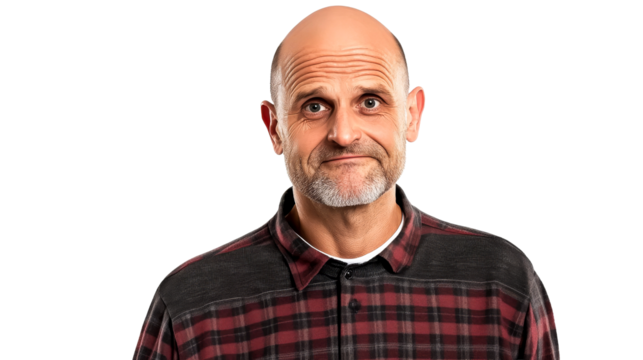 Bald man portrait with pensive facial expression, cut out transparent