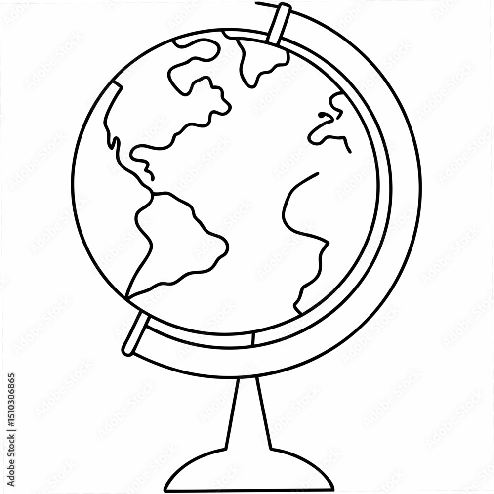 Poster simple outline illustration of a globe on a stand showing continents for educational and design proj