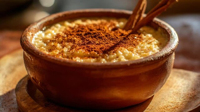 A beautifully presented bowl of rice pudding with cinnamon sticks.