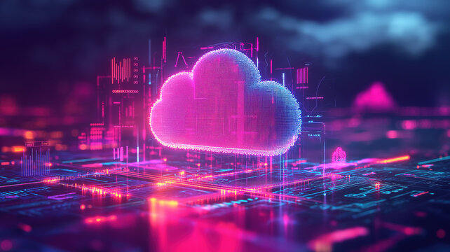 Stylized cloud with data icons and graphs representing cloud computing and efficient data management