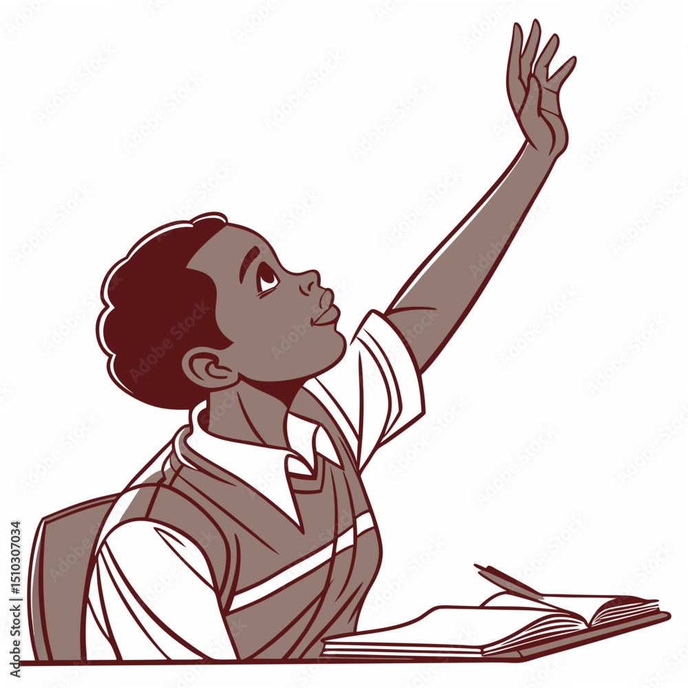 Poster student raising hand in class with an open book ready to answer a question on a white background.