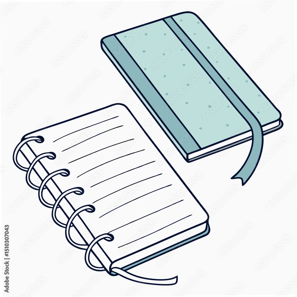 Poster two stylized notebooks with spiral and ribbon details in simple vector graphic on white background