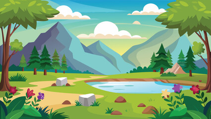 Obraz premium Colorful Cartoon Landscape Featuring Mountains, a Serene Lake, Lush Green Trees, and Rocks