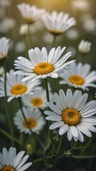 Obraz premium Vertical banner for social media of spring background with daisies. blurred background Spring background with white daisies effect