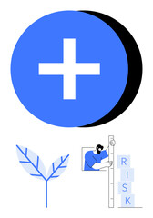 Blue and white plus sign, stylized leaf, person evaluating risk blocks. Ideal for sustainability, progress, growth, positivity, strategy, decision-making and simple landing page