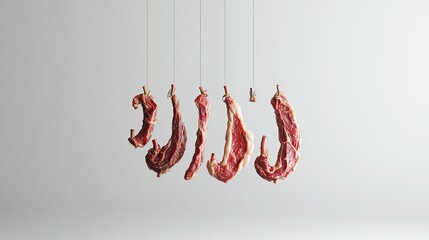 Several cuts of raw meat hanging from strings against a plain gray background