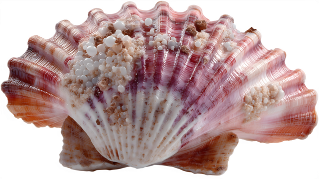 Close up view of a detailed scallop shell displaying vibrant colors and delicate texture on a dark isolated on white transparent background PNG cutout