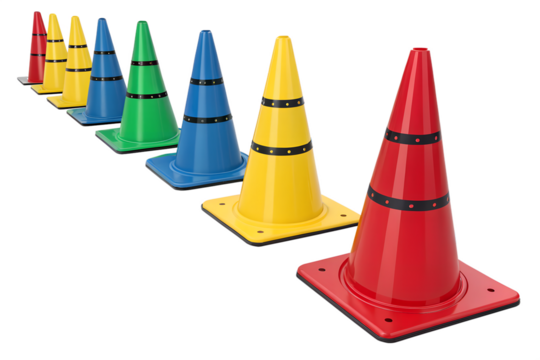 Colorful traffic cones arranged in a vibrant line evoke a sense of order and playfulness in a lively urban setting Generative AI