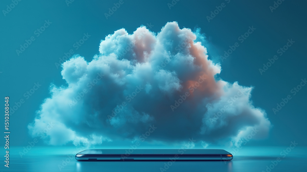 Poster smartphone with digital cloud above it, symbolizing cloud storage and easy data accessibility