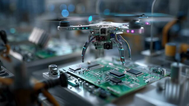 Advanced drone with glowing elements hovers above a circuit board in a high tech laboratory, showcasing the integration of robotics and electronics amidst a backdrop of processing units