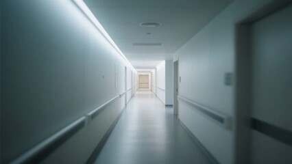 Obraz premium Minimalist medical corridor with abstract blur, conveying serenity and modern efficiency in healthcare spaces. 