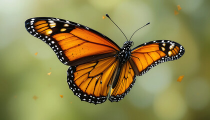 Fototapeta premium African monarch butterfly mid-air, orange wings with white and black tips, transparent background.