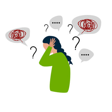 Anxiety, sad and depressed woman. Difficult life situation, headache, confusion. Internal problems, psychology, metaphor. Females mood and health.