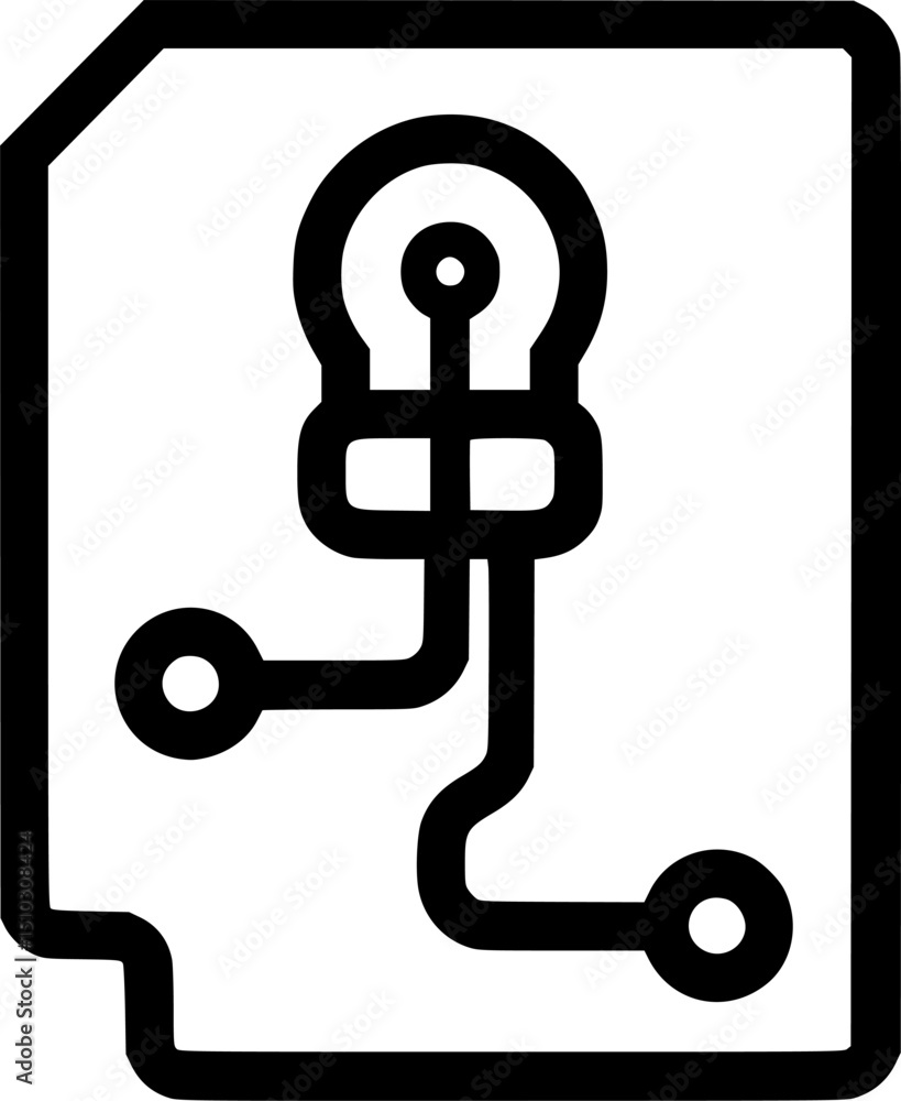 Poster black lined icon of a circuit schematic with a lightbulb on a paper
