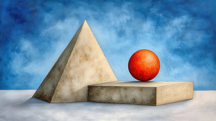 Abstract Geometric Composition Red Sphere and Beige Pyramid on Textured Blue Background