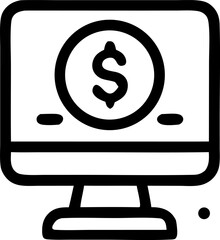 icon computer with a dollar symbol on the screen, representing digital finance, online transactions, and e-commerce. The minimalist design with clean lines enhances readability and adaptability