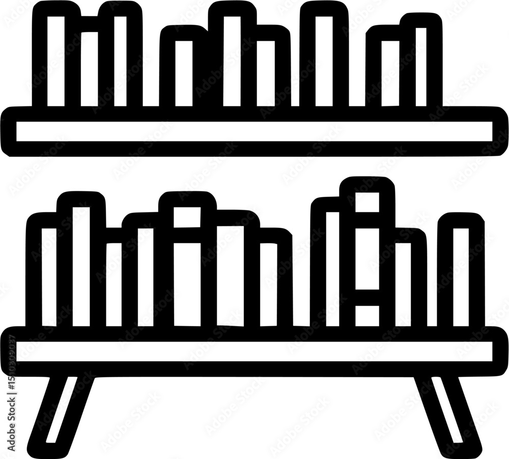 Poster outlined image of a twoshelved bookshelf filled with books standing on angled legs