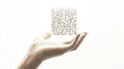 Obraz premium A hand, rendered in a stylized, almost translucent manner, holds a cube-shaped graphic composed of small, light brown particles