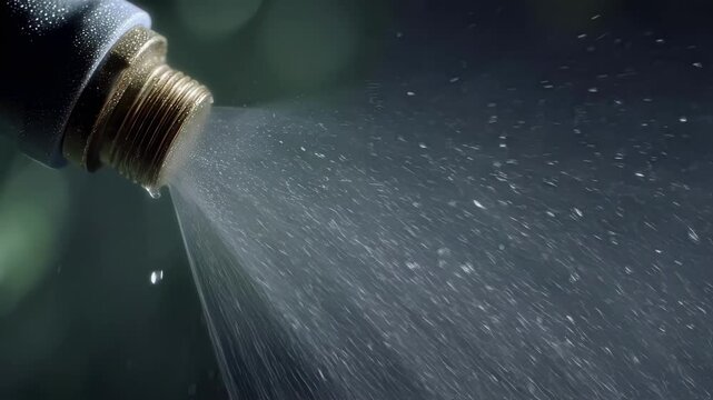 Close up montage showcases a pheromone spray nozzle emitting a fine mist of droplets, juxtaposed against a backdrop of silkworms diligently weaving their shimmering tapestry