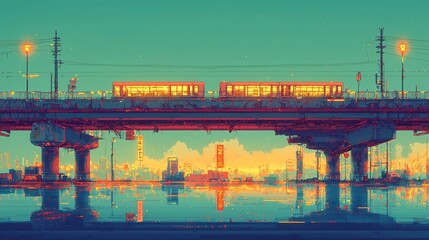 Retro Anime City Pop, vibrant chibi character in a pixel art cityscape at night, illuminated bridge light trails reflecting on calm water, minimalist ambiance and open space
