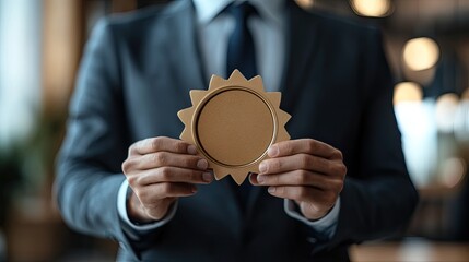 Businessman holding golden award medal for recognition achievement and success concept
