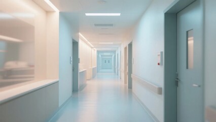 Fototapeta premium Minimalist medical corridor with abstract blur, conveying serenity and modern efficiency in healthcare spaces. 