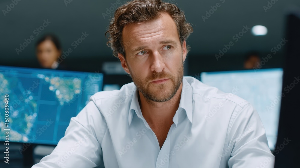 Poster a focused professional engages in strategic discussions while monitoring data on multiple screens in