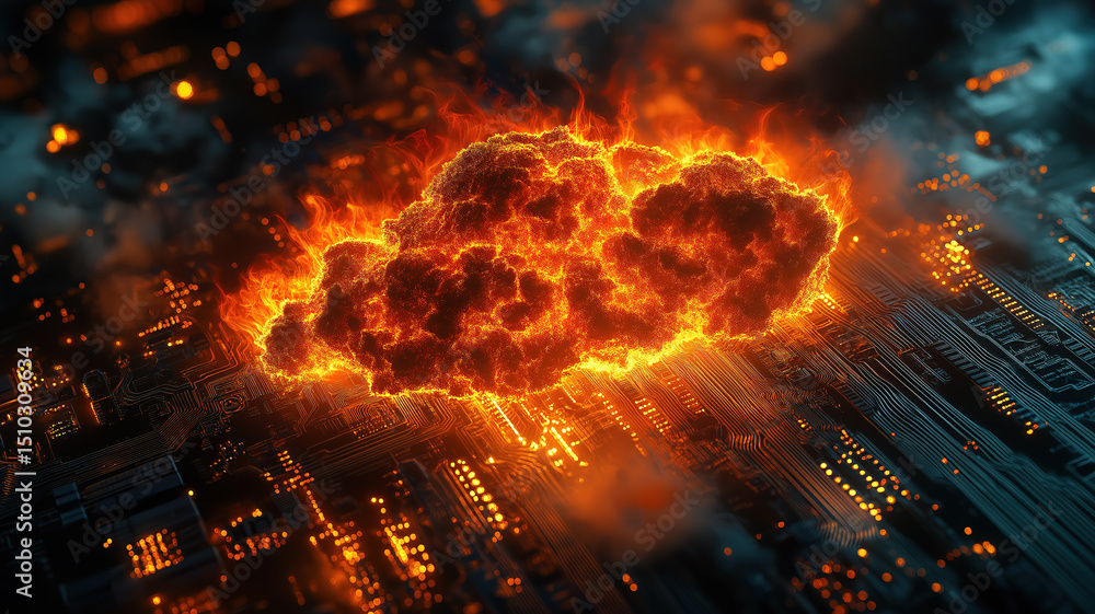 Poster fiery cloud on circuit board symbolizing the strength and intensity of cloud computing power