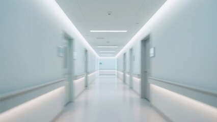 Minimalist medical corridor with abstract blur, conveying serenity and modern efficiency in healthcare spaces.	