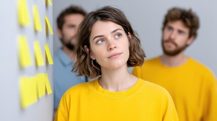 Fototapeta premium A focused woman in a yellow sweatshirt looks thoughtfully at sticky notes on the wall, surrounded by engaged colleagues. The setting reflects a creative brainstorming session.