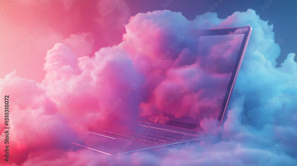 Poster cloud computing technology shown on a laptop screen, highlighting internet server service and data
