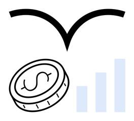 Coin with dollar sign, ascending bar chart, and curve representing financial success. Ideal for finance, investment, stability, business analysis, profit growth, market trends and simple landing