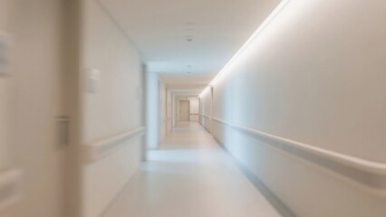 Fototapeta premium Minimalist medical corridor with abstract blur, conveying serenity and modern efficiency in healthcare spaces. 