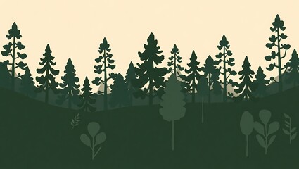 Abstract forest in two-tone style (midnight green and sky beige), minimal vector illustration, clean lines with centered negative space, simple foliage silhouettes