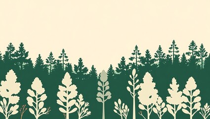 Abstract forest in two-tone style (midnight green and sky beige), minimal vector illustration, clean lines with centered negative space, simple foliage silhouettes