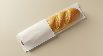 Freshly Baked Baguette in White Paper on Beige Background, Overh
