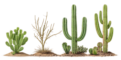 Exploring diverse desert flora with unique cacti showcasing resilience in barren landscapes at sunset Generative AI