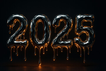 Dripping metallic "2025" numbers with glowing orange highlights on a dark background, creating a futuristic and artistic design concept.