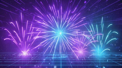 Colorful digital fireworks in shades of pink, purple, blue explode above glowing grid floor, creating a futuristic celebration scene with neon lights and a vibrant, high-tech atmosphere, digital art.