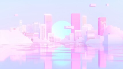 Retro Anime City Pop, Chibi character in a vibrant pixel cityscape, glowing windows, distant skyscrapers, reflections on water, minimalist and clean aesthetic, inviting ambiance