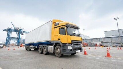 A large yellow truck parked in a distribution yard, surrounded by warning cones and industrial buildings in the background