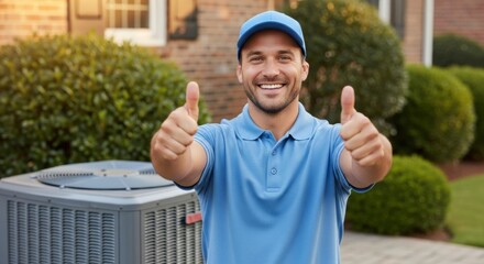 Smiling Male HVAC Technician in Blue Uniform Giving Thumbs Up Next to Air Conditioning Unit