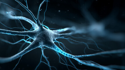 Microscopic view of a nerve synapse glowing in blue tones  