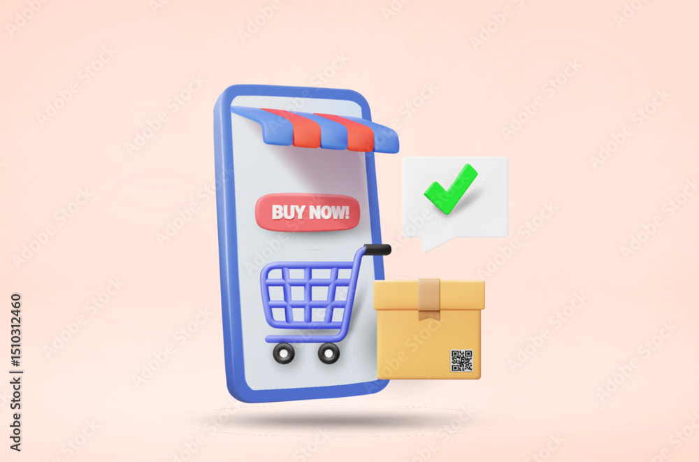 Poster 3d illustration vector render of mobile screen with buy now sign in the center with shopping cart ic