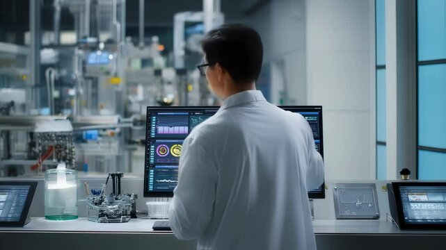 Advanced scientific laboratory showcasing professional researcher analyzing digital data. Monitoring production processes. And conducting cutting edge research with precision technological equipment