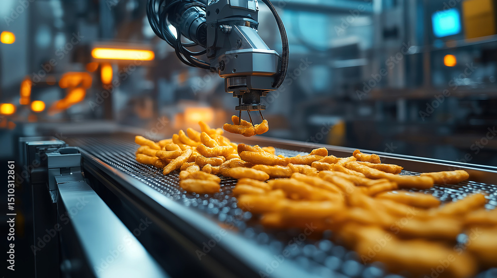 Poster robotic arm sorting fried food items efficiently on a production line in a modern food processing fa
